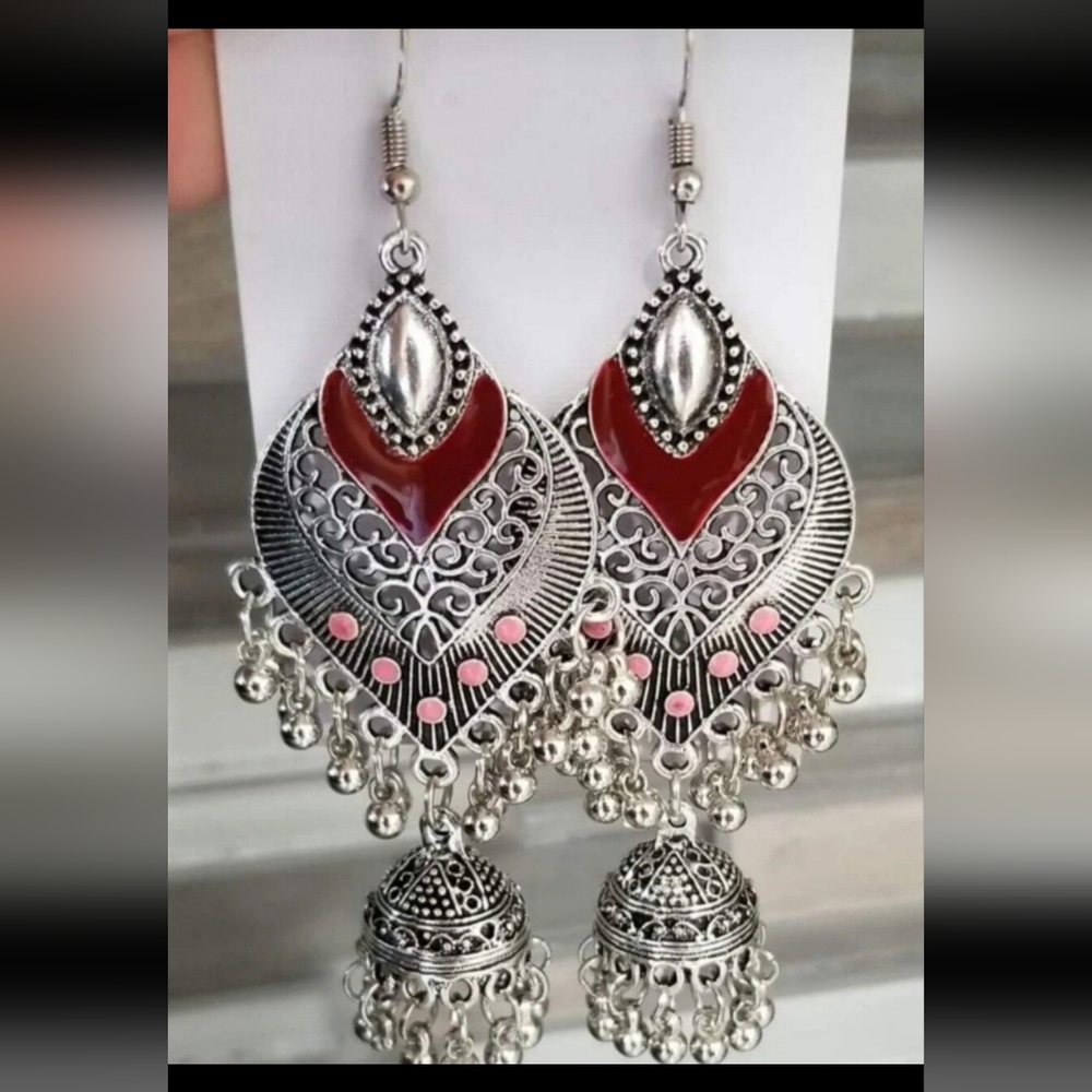 Beautiful red and silver danging jingling earrings approximately 3.5"Beautiful